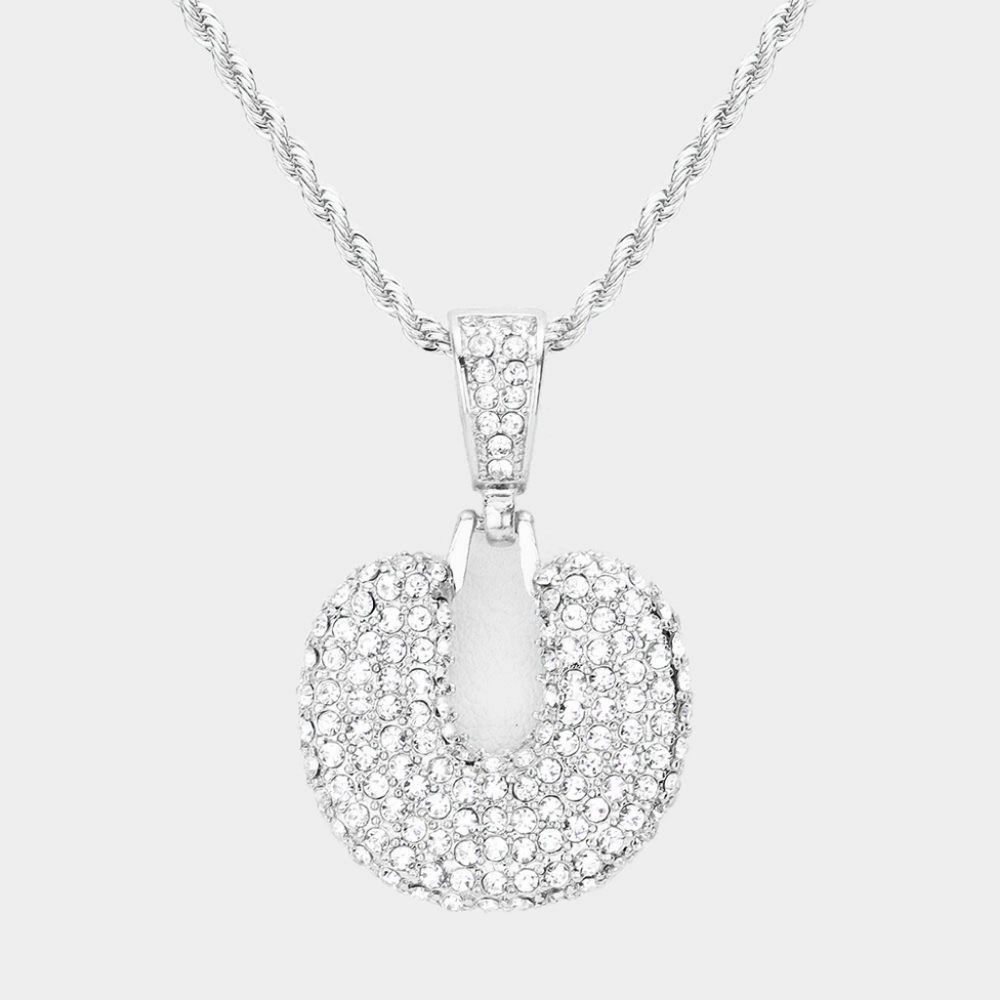 Silver Monogram "U" Crystal Initial Pendant Necklace